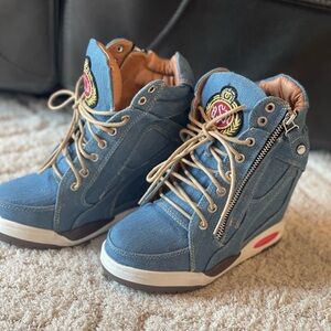 Women's Wedge Sneakers with Hidden Heel Lace-up Ankle High Platform Denim Shoes